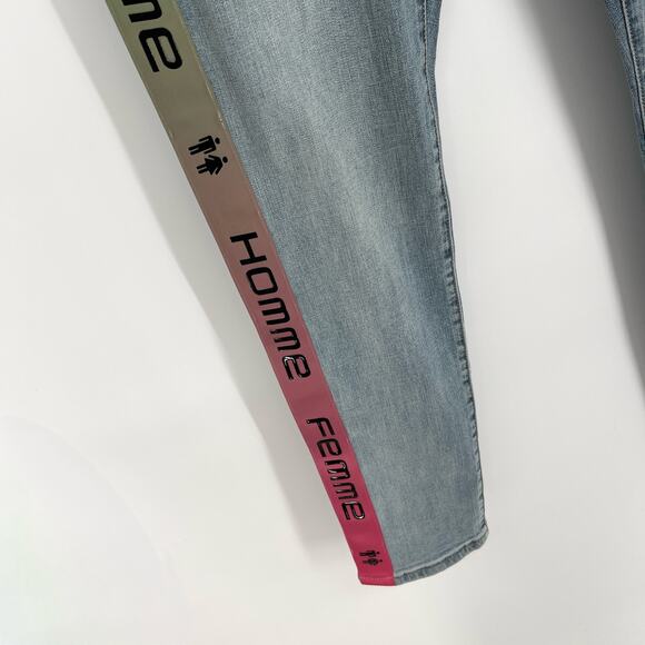 Homme + Femme NEW Tesla Skinny Blue Jeans Sz 38 Green Pink Gradient Logo Ribbon - Picture 4 of 10
